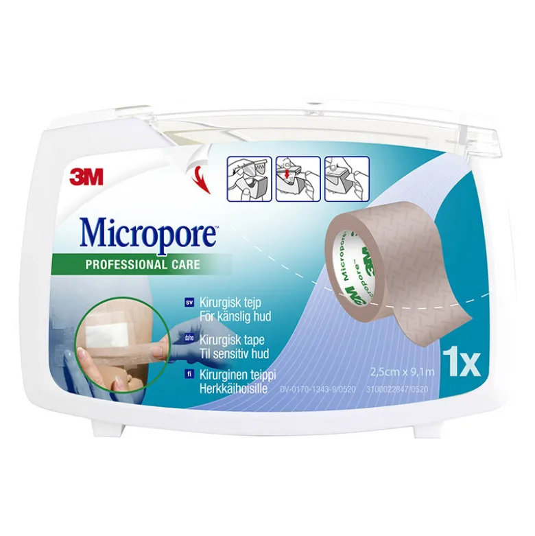 Micropore 3M kirurgisk tape med dispenser, 2,5 cm x 9,14 m