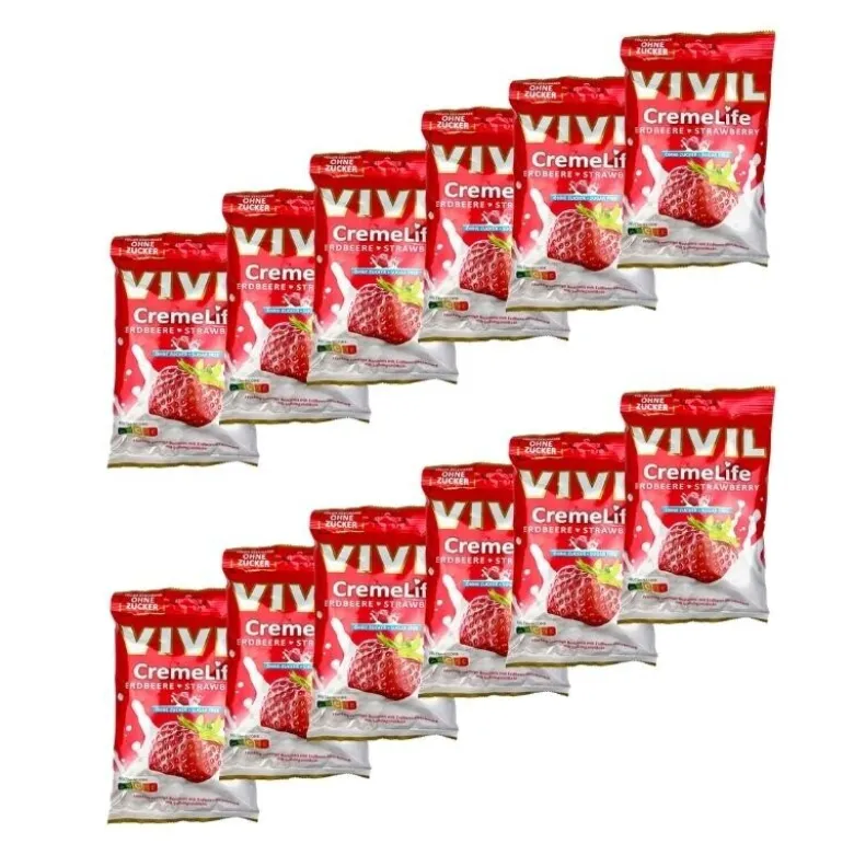 Vivil Creme Life Jordbærpakken, sukkerfri bolcher, 12 stk.